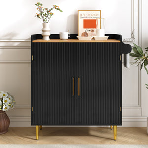 English Elm Modern Fluted Bar Cabinet with Wine Rack Glass Holders Adjustable Shelving and Hidden Drawer Black N728P438606B