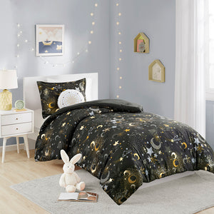 JLA Home Mi Zone Kids - Starry metallic star-and-moon comforter set with embroidered throw pillow, antimicrobial protection and cozy lightweight fill for girl's bedroom ambiance Charcoal/Gold MZK10-271