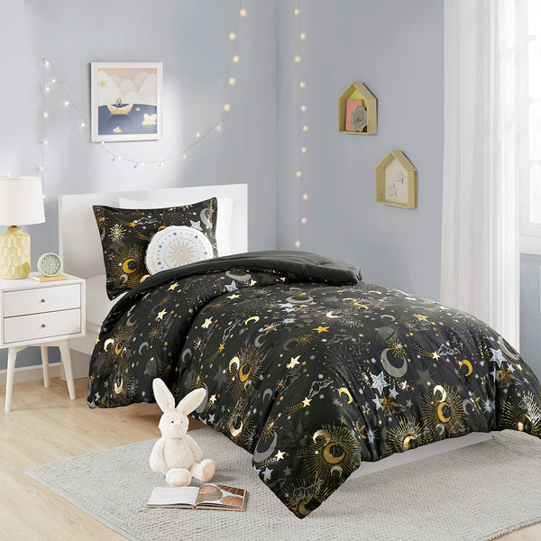 JLA Home Mi Zone Kids - Starry Metallic Comforter Set with Embroidered Round Pillow, Antimicrobial Sparkle for Girls' Room Charcoal/Gold MZK10-272