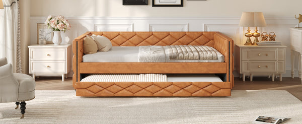 English Elm Full XL Upholstered Daybed with Trundle and Built-In LED Lighting, Tufted Arms, Solid Wood Frame Brown N7090000611D