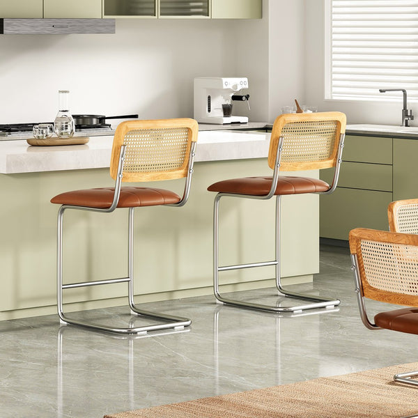 English Elm Farini Velvet Counter Height Bar Stools Set of 2 with Rattan Back, Cantilever Comfort & Floor Protectors Brown T3623P354966