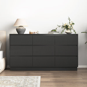English Elm 9 Drawer Matte Wood Dresser with Wave Front Mid Century Modern Low Profile Storage Black W409P387577