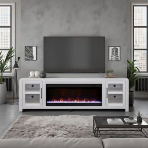 English Elm Haven 82" TV Stand with 42" Electric Fireplace, Oak Veneer, Glass Doors, Cable Management, White finish B108P364422