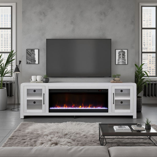 English Elm Haven 82" TV Stand with 42" Electric Fireplace, Oak Veneer, Glass Doors, Cable Management, White finish B108P364422