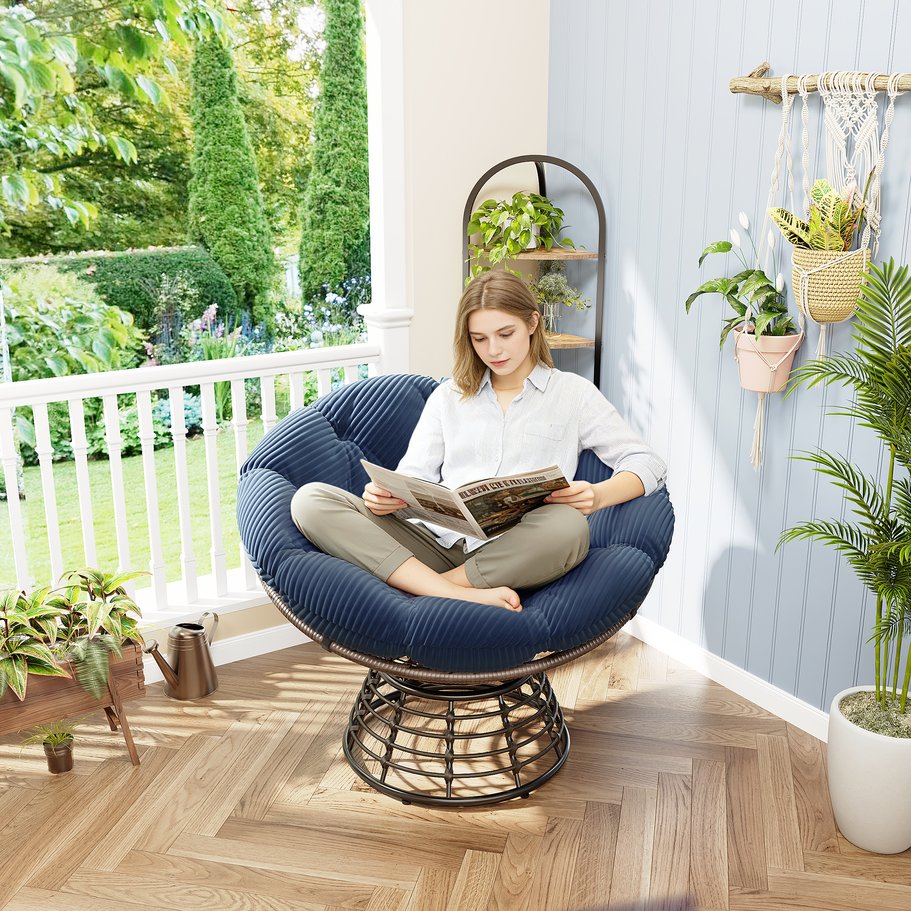 English Elm Comfortable Swivel Papasan Chair Pe Rattan Bowl Seat with Plush Corduroy Cushion W640P443554
