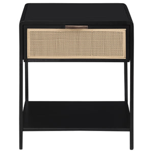 English Elm Duncan Black 1-Drawer Metal Bedside Table with Radio Weave Cane Front, Laminate Top, Modern Charm B062P299871