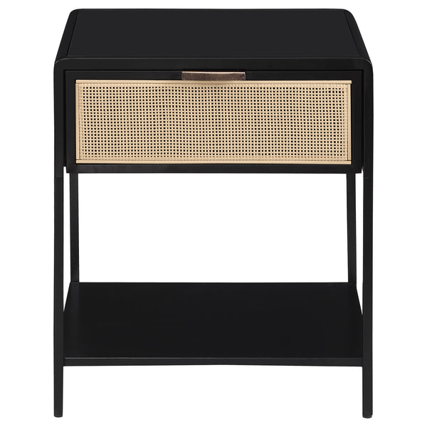 English Elm Duncan Black 1-Drawer Metal Bedside Table with Radio Weave Cane Front, Laminate Top, Modern Charm B062P299871