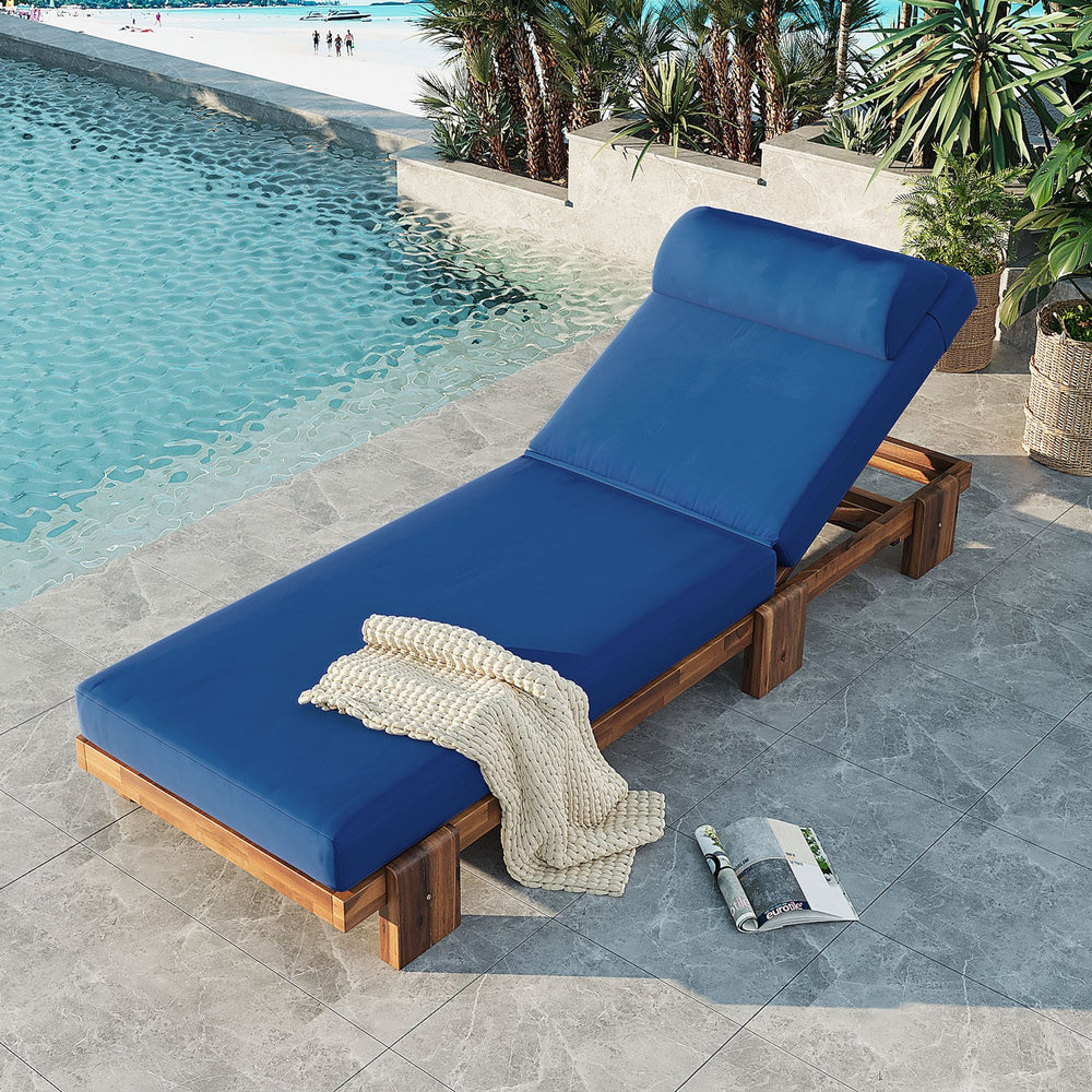 English Elm U_style Acacia Wood Outdoor Chaise Lounge with Retractable Tray and Padded Headrest Navy Blue WY000473AAC