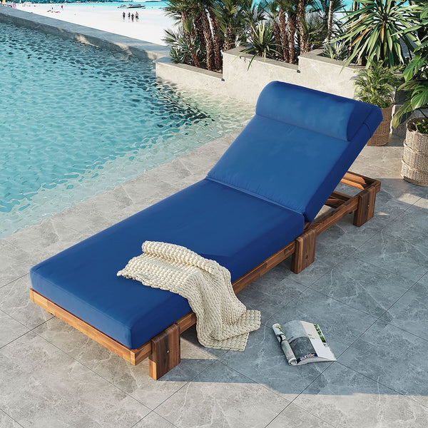 English Elm U_style Acacia Wood Outdoor Chaise Lounge with Retractable Tray and Padded Headrest Navy Blue WY000473AAC