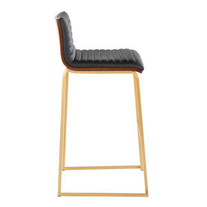 English Elm Mason Mara 30" Fixed-Height Barstools In Gold Metal & Walnut Wood - Chic Black Faux Leather Set Of 2 B202P222245