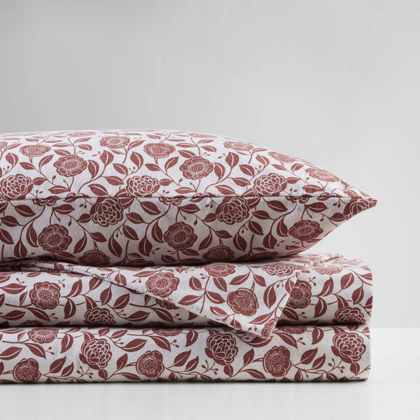 English Elm 4 Pcs Queen Sheet Set - Warm Rust Floral Cotton Flannel For Cozy Comfort And Timeless Style B035P319679