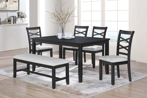 English Elm Dining 6pc Charcoal Dining Set with Bench & 4 X‑Back Cushioned Chairs, Rubberwood Rectangular Table B011S01923
