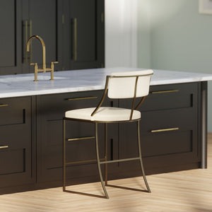 English Elm 25" Art Deco Counter Stool Antique Brass Metal Frame Upholstered Seat Kitchen Bar B2751P436443