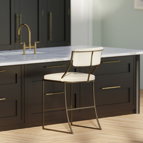 English Elm 25" Art Deco Counter Stool Antique Brass Metal Frame Upholstered Seat Kitchen Bar B2751P436443
