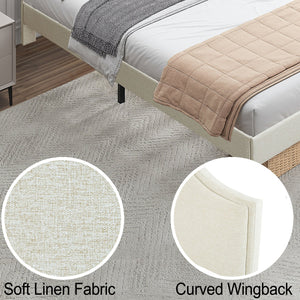 English Elm King Upholstered Platform Bed Frame King Size Linen Fabric Padded Headboard Adjustable 32.87"-37" Beige Modern Sturdy 1000lb Capacity W1716P280530