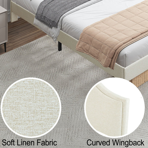 English Elm King Upholstered Platform Bed Frame King Size Linen Fabric Padded Headboard Adjustable 32.87"-37" Beige Modern Sturdy 1000lb Capacity W1716P280530