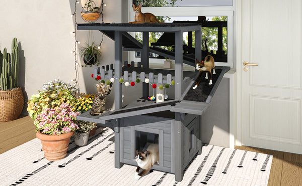 English Elm 4 Tier Outdoor Pine Cat Tower with Waterproof Roof Enclosed Den and Balcony Perch Grey N704P436318E