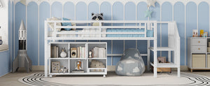 English Elm Twin Metal Loft Bed with Stairs and Six Storage Cubbies, Sturdy Metal Slat Support, Safe Low Design for Kids White 75.2 L x 17.72 W x 9.45 H W2593P305721