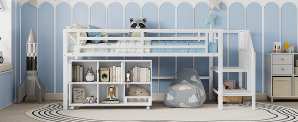 English Elm Twin Metal Loft Bed with Stairs and Six Storage Cubbies, Sturdy Metal Slat Support, Safe Low Design for Kids White 75.2 L x 17.72 W x 9.45 H W2593P305721