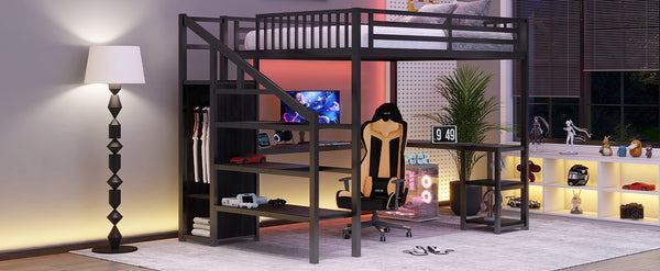 English Elm Metal Queen Loft Bed with Wardrobe, LED Light, L-Shaped Desk and USB Ports for Space-Saving Rooms Black 65.75 L x 17.52 W x 6.3 H W2593S00043