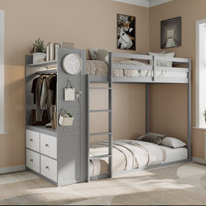 English Elm Twin Bunk Bed with Storage Drawers Hanging Rail Led Shelves and Pegboard Organizer Gray LT000282AAE