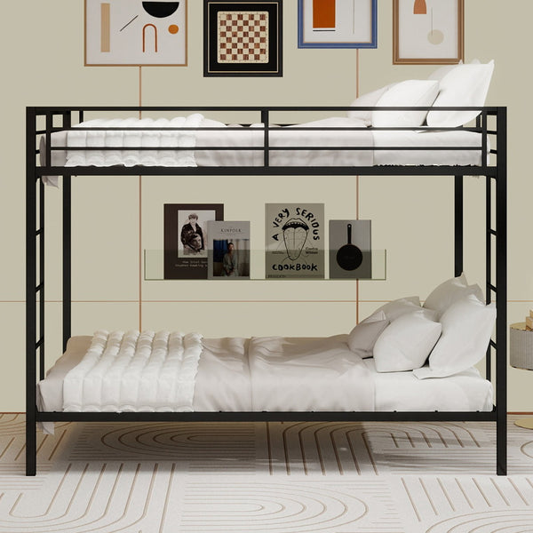 English Elm Multi-Functional Square Tube Iron Bunk Bed with Dual Ladders, Sturdy Space-Saving Frame for Rooms Black W1935P360917