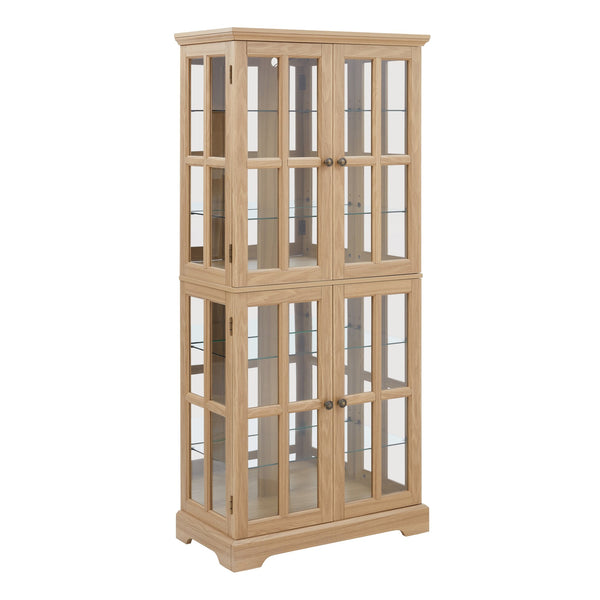 English Elm Curio Clear Glass Display Cabinet with Lattice Doors, Adjustable Shelves, E26 Bulb Included, Vintage Chic Oak W2275P231686