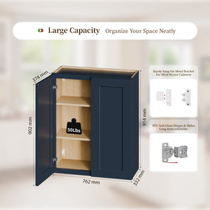 English Elm Navy Shaker Solid Wood Wall Cabinet Soft Close Double Door Kitchen Bath Storage T2950P479973