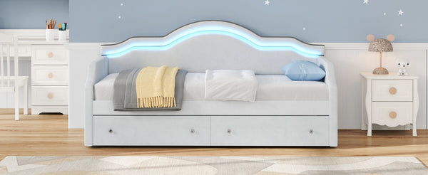 English Elm Twin Upholstered Daybed with Built-In LED & 2 Drawers, Velvet Platform Bed with Solid Wood Frame, Modern Curved Backrest, Twin Size, No Box Spring Needed Beige N7500001851A