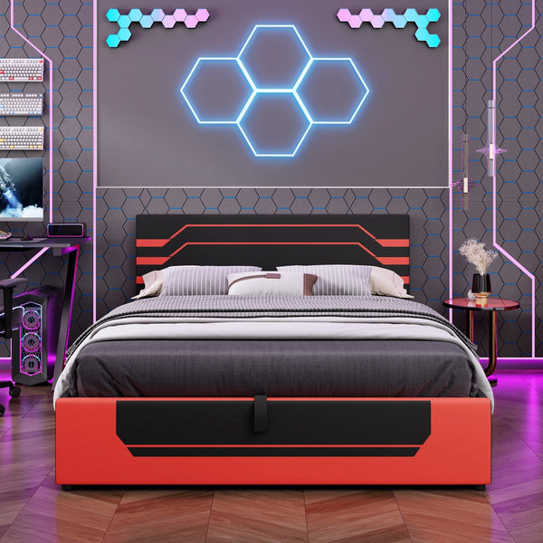 English Elm Modern Cyberpunk Queen Platform Bed Hydraulic Storage Pu Upholstered Gaming Frame Black+Red SF000205AAJ