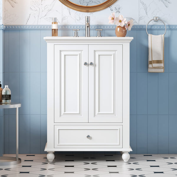 English Elm 24'' French Style Bathroom Vanity with Ceramic Sink Soft Close Cabinet and Drawer White N710P411227K