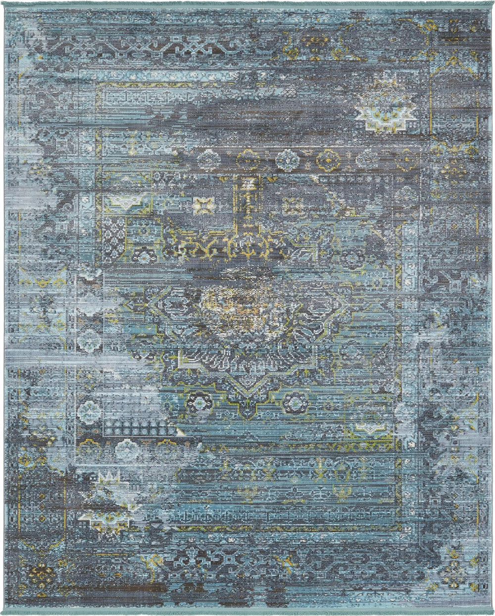 Unique Loom Baracoa Castro Machine Made Border Rug Turquoise, Ivory/Gray/Gold/Yellow 8' 4" x 10' 0"