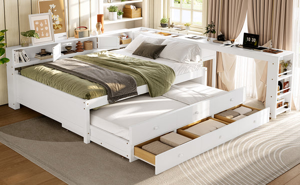 English Elm Twin Daybed Pine Frame with Trundle Desk Hutch Shelves and Storage for Kids Rooms White W1580S00461