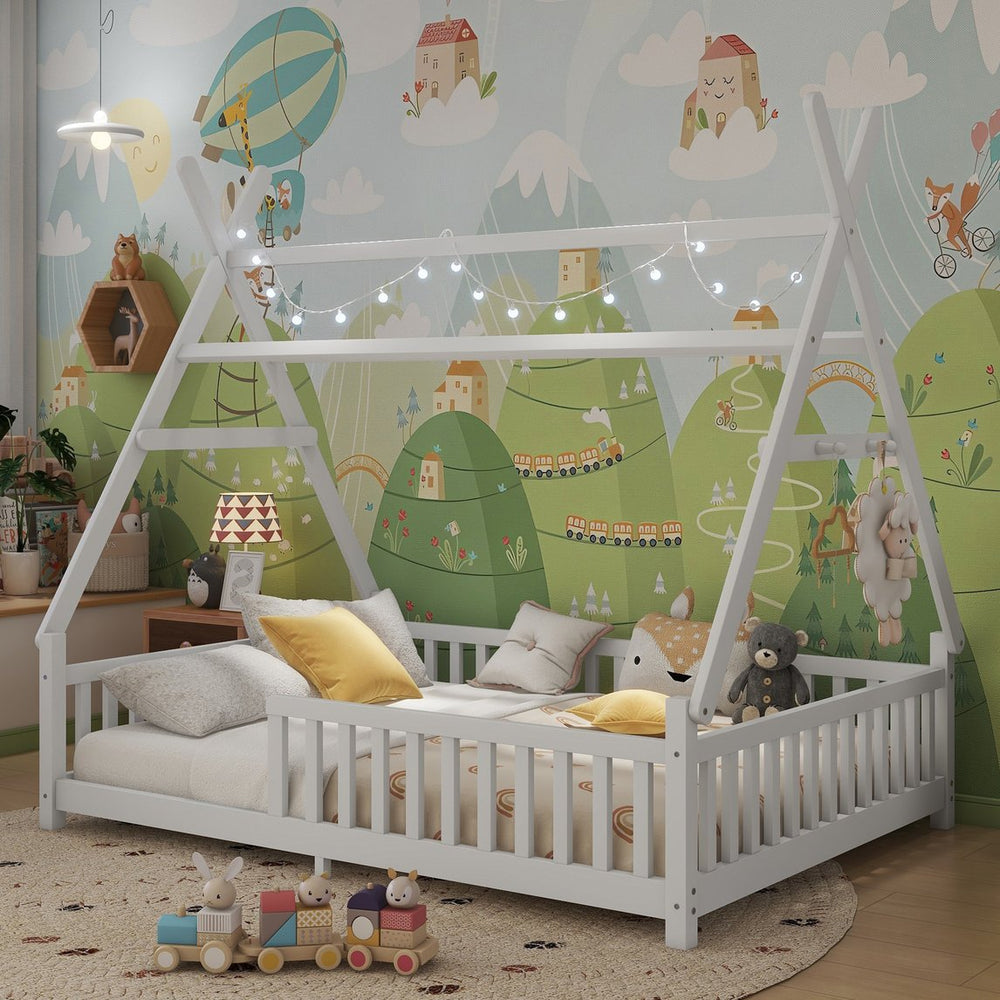 English Elm Twin Montessori Floor Bed House Frame with Led Lighting and Safety Rails for Kids White W2593P440589