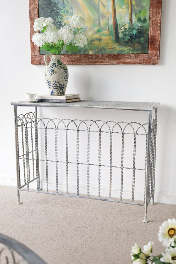 English Elm 40x14x31" Iron Entryway Console Table Twisted Bars Arched Panel Weathered Silver Finish W2078P453139