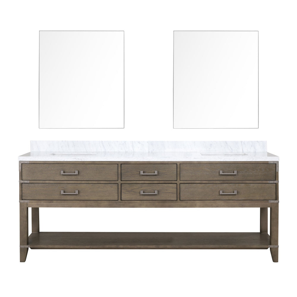 English Elm Grey Oak Double Bath Vanity With Luxurious Carrara Marble Top & 2 Large Mirrors For Elegant Storage B2731S01664