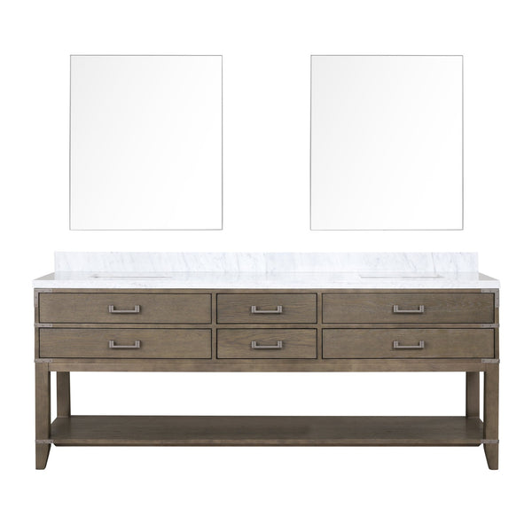 English Elm Grey Oak Double Bath Vanity With Luxurious Carrara Marble Top & 2 Large Mirrors For Elegant Storage B2731S01664
