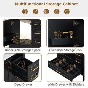 English Elm Traditional 30" Bathroom Vanity with Ceramic Basin, Soft-Close Door & Drawers, Gold Handles, Durable Wood Finish Black N729P184479B