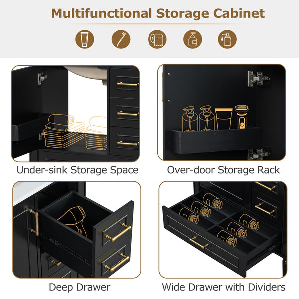 English Elm Traditional 30" Bathroom Vanity with Ceramic Basin, Soft-Close Door & Drawers, Gold Handles, Durable Wood Finish Black N729P184479B