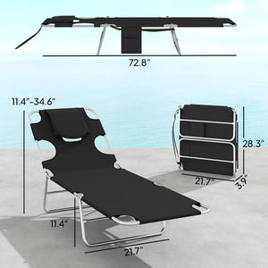 English Elm Handy Tri-fold Outdoor Lounger with Face Cavity Steel Frame Oxford Fabric Tanning Bed Black T3971P481336