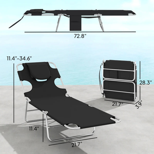 English Elm Handy Tri-fold Outdoor Lounger with Face Cavity Steel Frame Oxford Fabric Tanning Bed Black T3971P481336