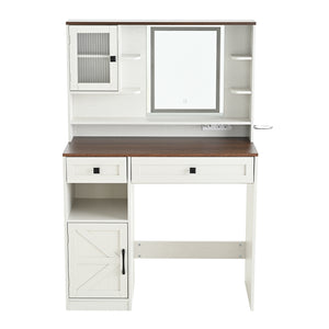English Elm Farmhouse Makeup Vanity Desk with Lighted Mirror, Built-In Charging Station, Ample Storage and Stool White N844P291652M
