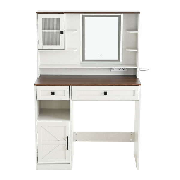English Elm Farmhouse Makeup Vanity Desk with Lighted Mirror, Built-In Charging Station, Ample Storage and Stool White N844P291652M