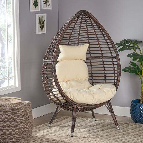 English Elm Christopher Knight Home® - CUTTER Teardrop Wicker Patio Chair with Water‑Resistant Beige Cushion, Metal Resin Frame, Plush Comfort 55787.00MBRN