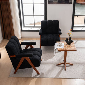 English Elm Mid-century Modern Chenille Lounge Chair Set Oak Frame Cloud Silhouette Living Room Black W1170S00051