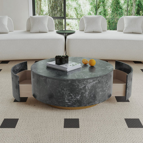 English Elm Tavola Round Coffee Table with Marble Pattern Top and Metal Legs, Two Drawers for Stylish Storage Grey B341P321161