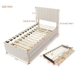 English Elm Twin Upholstered Platform Bed with Trundle & 3 Drawers, Linen Upholstery, Sturdy Wood Frame, Space-Saving Design Beige SF000049AAA