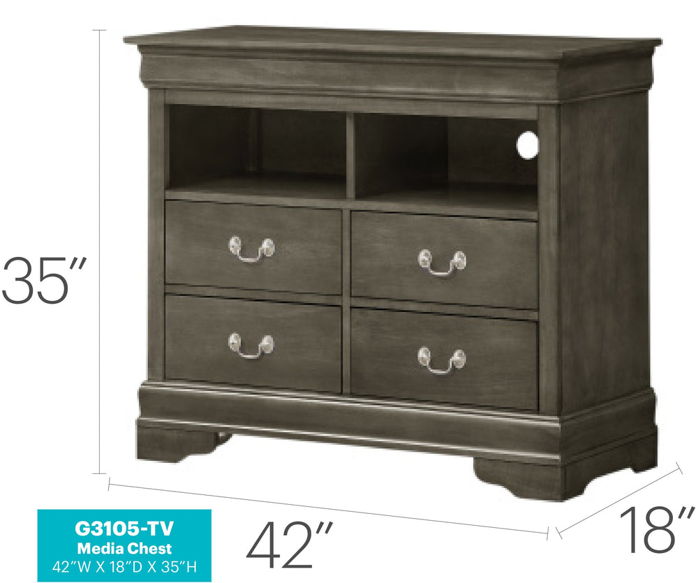 English Elm Louis Louis Phillipe G3105-TV Gray Media Chest — Traditional Carved Design, Dovetailed Drawers, Tarnish-Resist Hardware B078108186