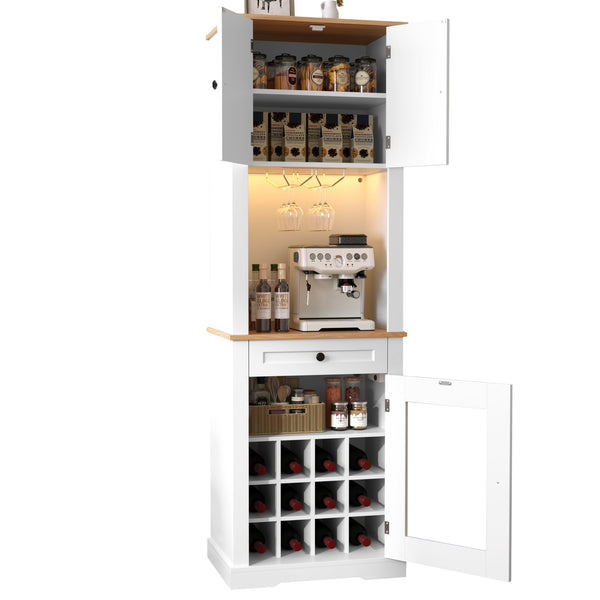 English Elm Bar Cabinet Farmhouse 69 Inch with Rgb Led Barn Door Wine Rack and Charging Station White N728P438603W