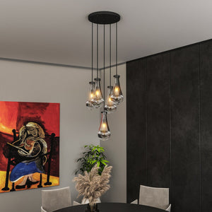 English Elm 5 Light Cluster Pendant with Raindrop Glass & Adjustable Copper Rope, Modern High-Ceiling Chandelier for Living Room, Dining, Stairwell — App-Controlled Black W1340P316384